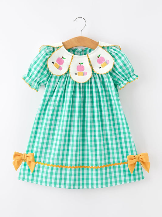 Back to School Apple Pencil Applique Girls Dress Petals Collar