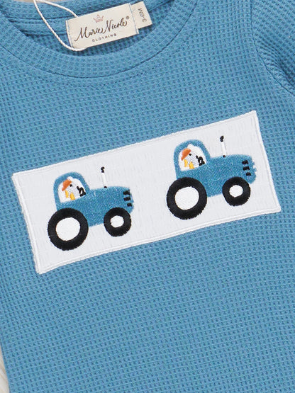 Blue Smocked Tractors Romper