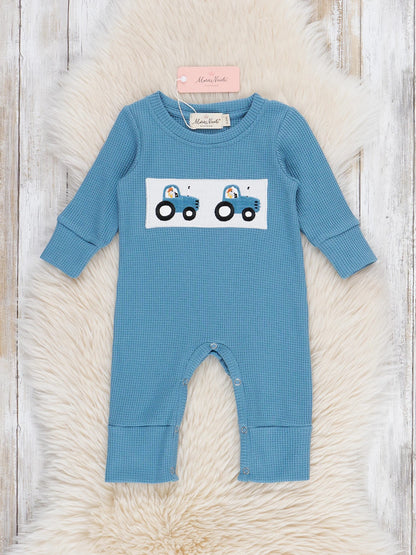 Blue Smocked Tractors Romper