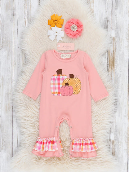 Salmon Pumpkin Plaid Ruffle Romper