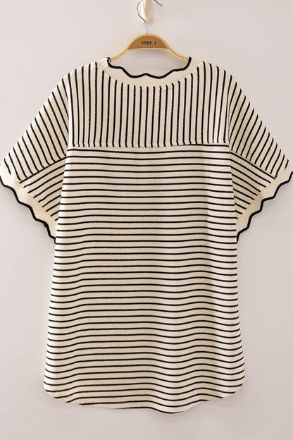 Scallop Trim Stripe Knit Top