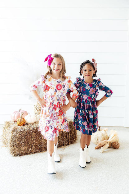 Tangerine Leaves 3/4 Sleeve Ruffle Twirl Dress