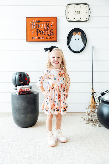 Pumpkin Peekaboo 3/4 Sleeve Pocket Twirl Dress
