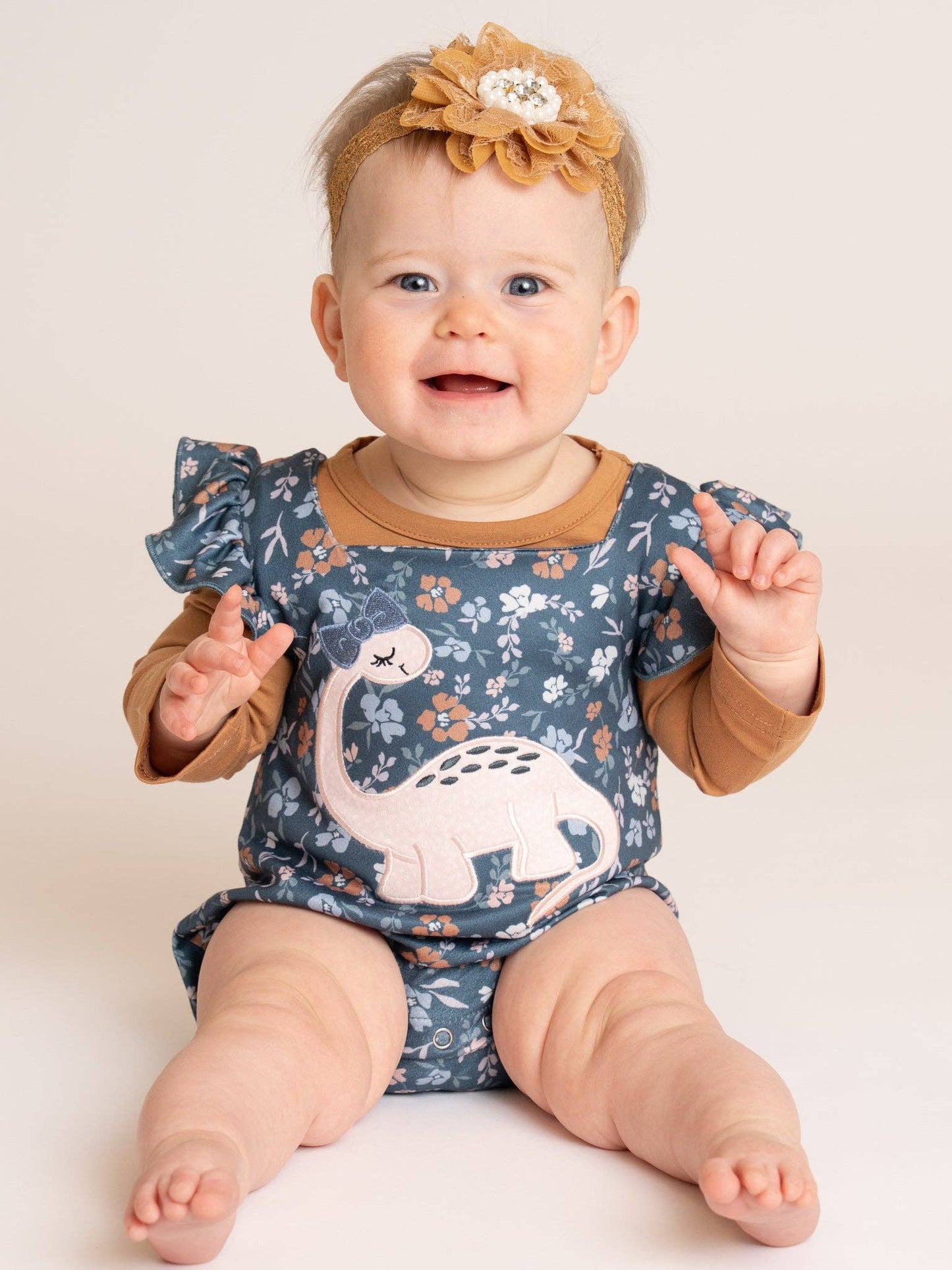 Dino Petal Embroidered Ruffle Bubble Romper