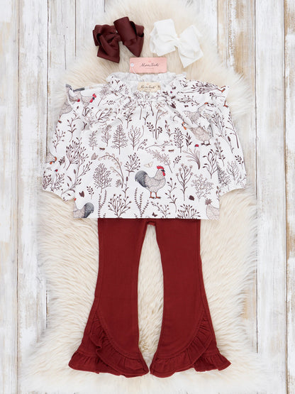 Rustic Rooster Ruffle Bell Bottom Outfit – 2 Piece Girls Set