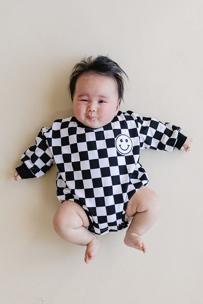 Bubble Romper | Checkered Smiley Black