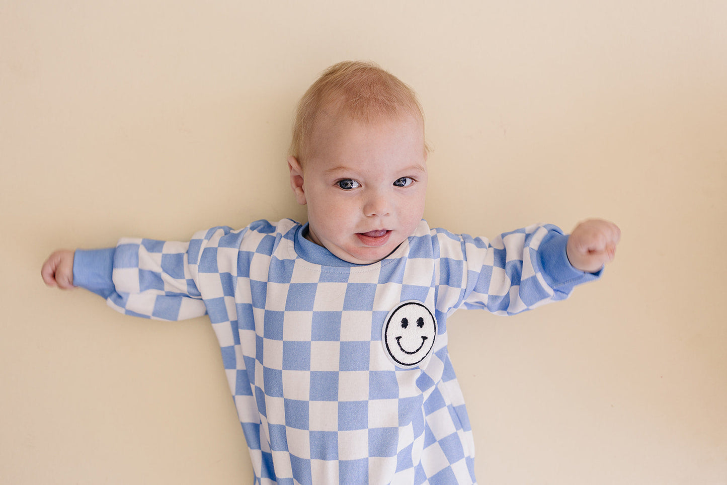 Bubble Romper | Checkered Smiley Blue