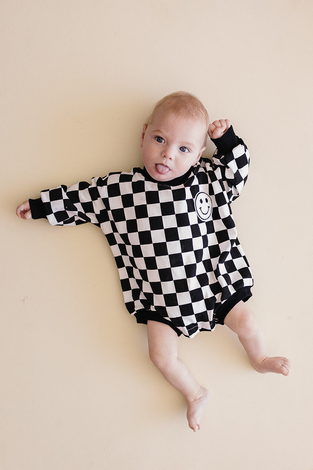 Bubble Romper | Checkered Smiley Black