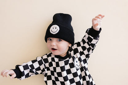 Bubble Romper | Checkered Smiley Black
