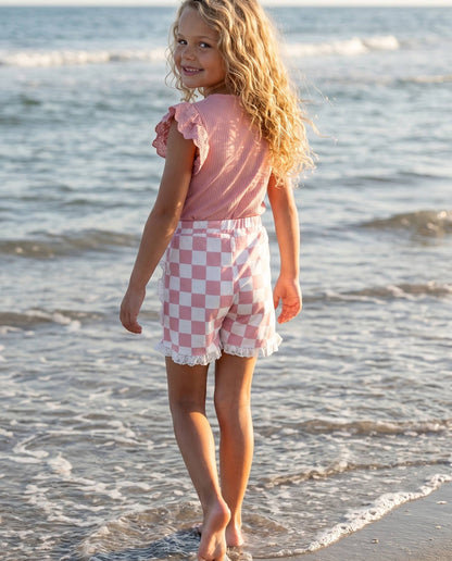 Girls Pink Checkered Lace Ruffle Summer Short Set