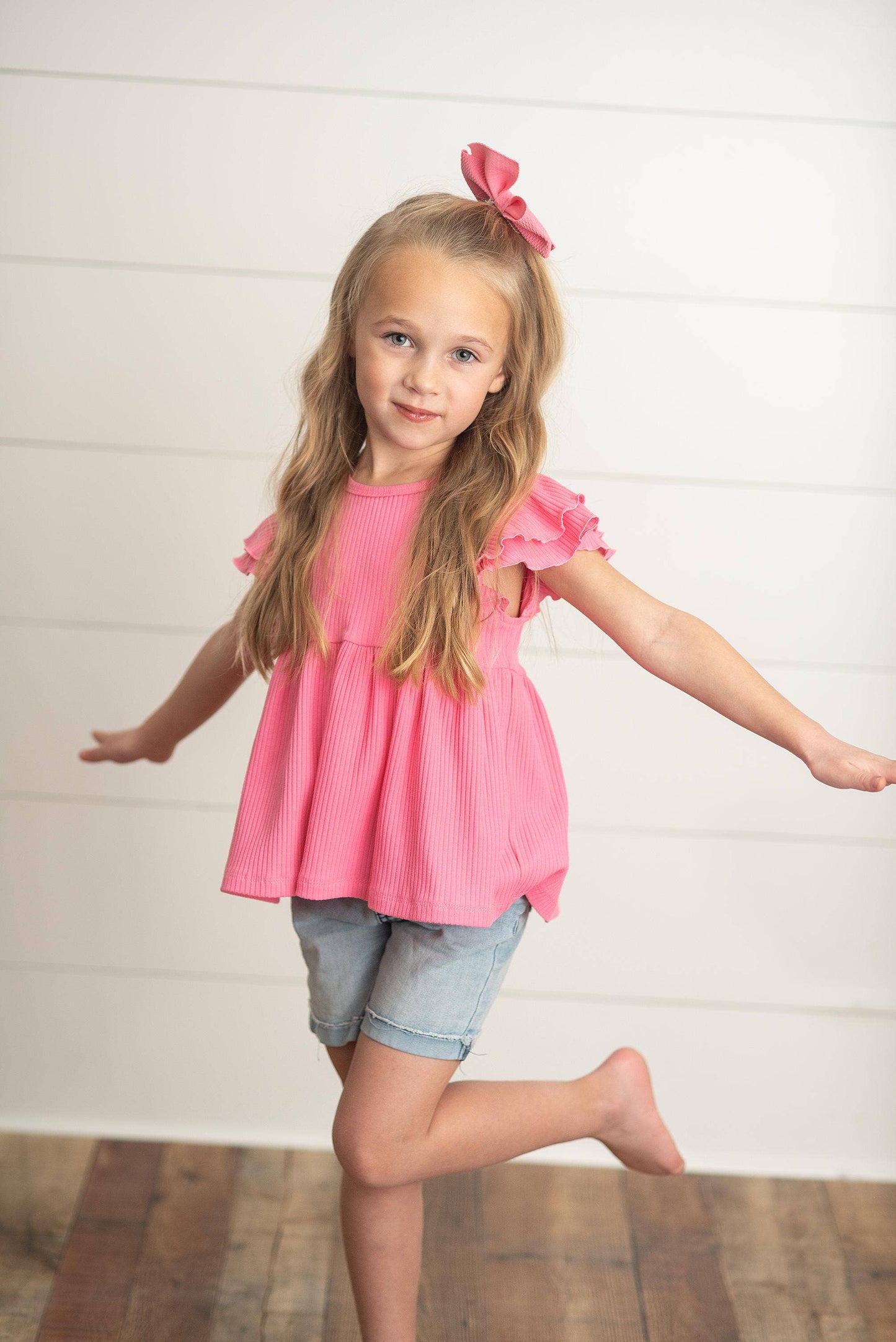Kids Bright Pink Double Ruffle Flutter Sleeve Summer Shirt