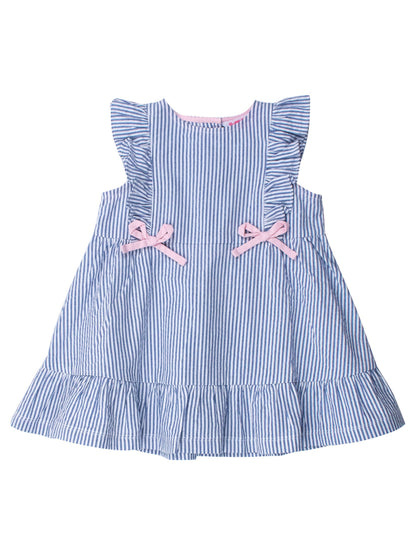 Girls Blue Seersucker Pinafore Bow Dress