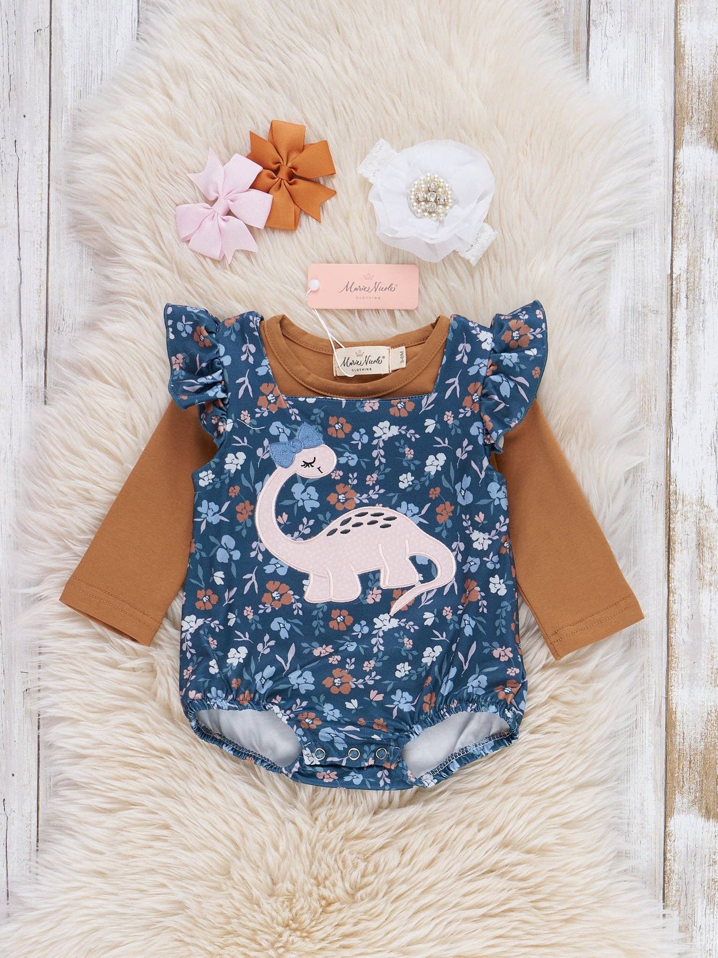 Dino Petal Embroidered Ruffle Bubble Romper