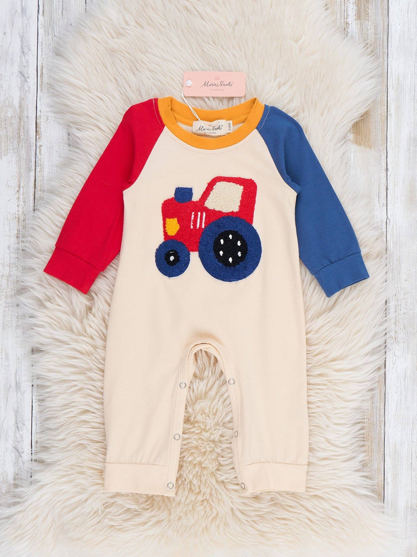 Tractor Trail Embroidered Colorblock Romper