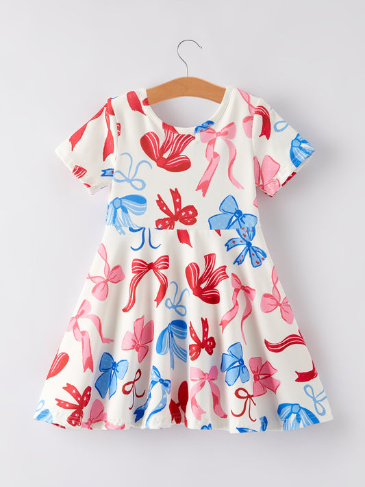 4th of july Color Bow Printed Short Sleeves Dress