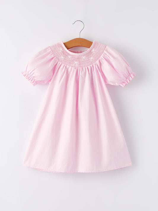 White Bow Smock Embroidered Pink Dress