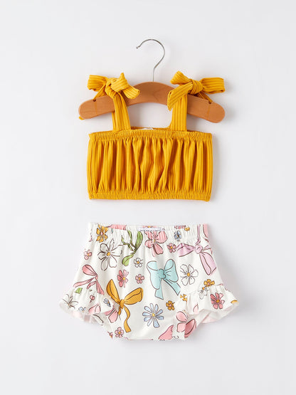 Spring Summer Yellow Bow Suspender Vest And Floral Bloomers Set