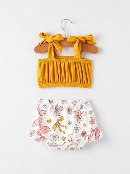 Spring Summer Yellow Bow Suspender Vest And Floral Bloomers Set
