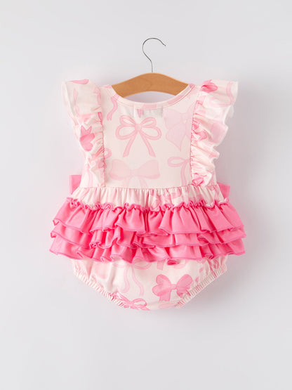 Girls Pink Bow Print Short Sleeves Romper