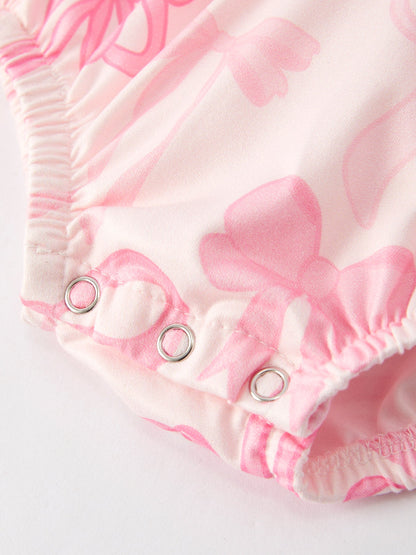 Girls Pink Bow Print Short Sleeves Romper