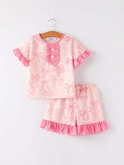 Girls Pink Bow Print Pajamas Set