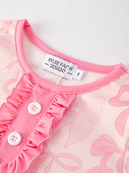 Girls Pink Bow Print Pajamas Set