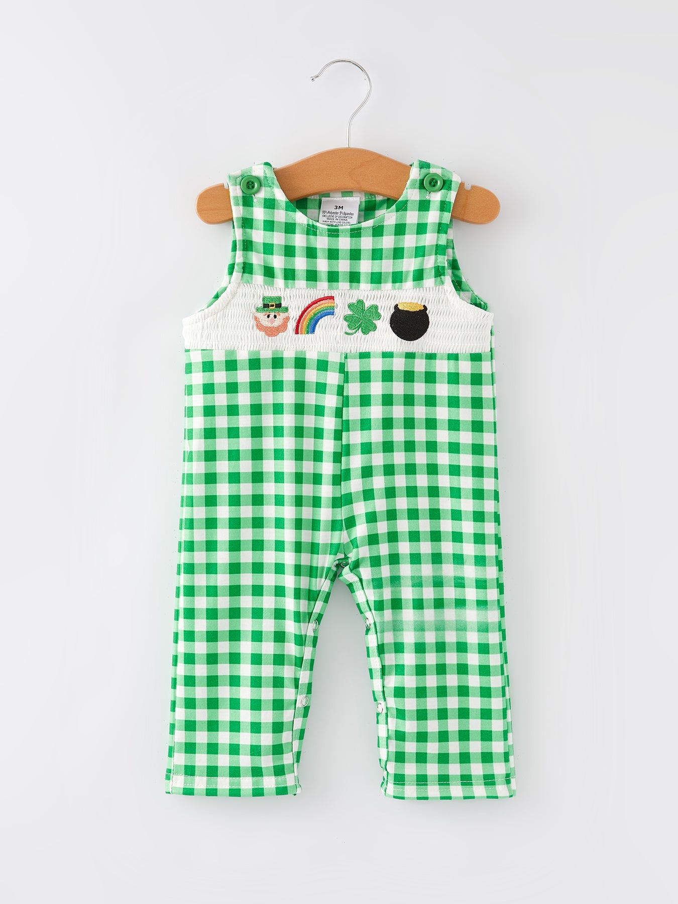 St. Patrick's Day  shamrock Smocking Embroidered Green Plaid Boys' Romper