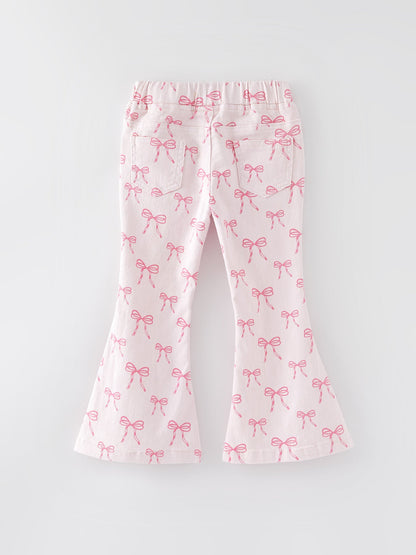 Fall Girls Pink Bow Print Elastic Flared Jeans Denim pant