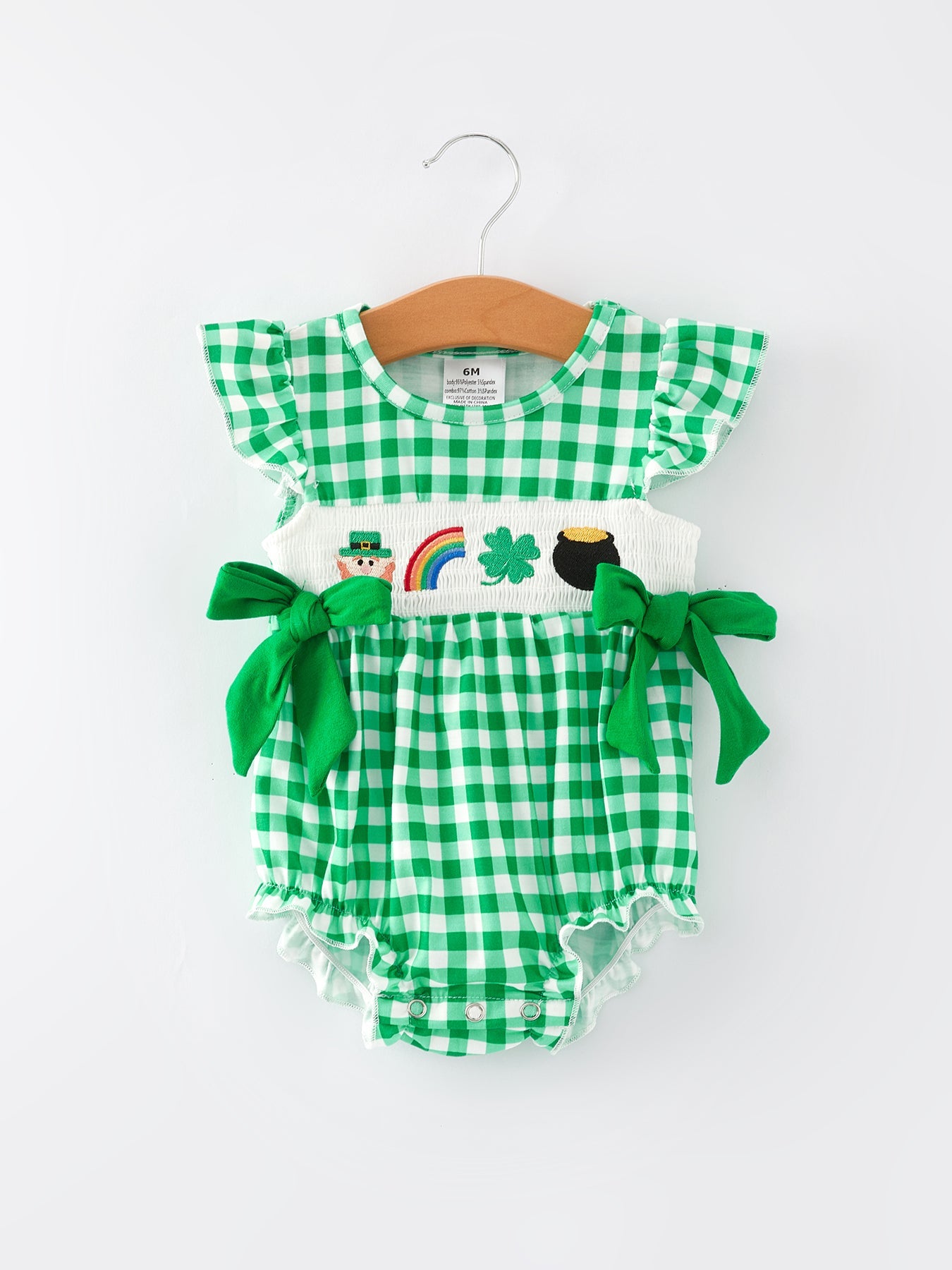 St. Patrick's Day Shamrock Smocking Embroidered Plaid Baby Girls Romper