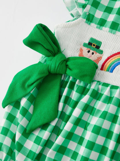 St. Patrick's Day Shamrock Smocking Embroidered Plaid Baby Girls Romper