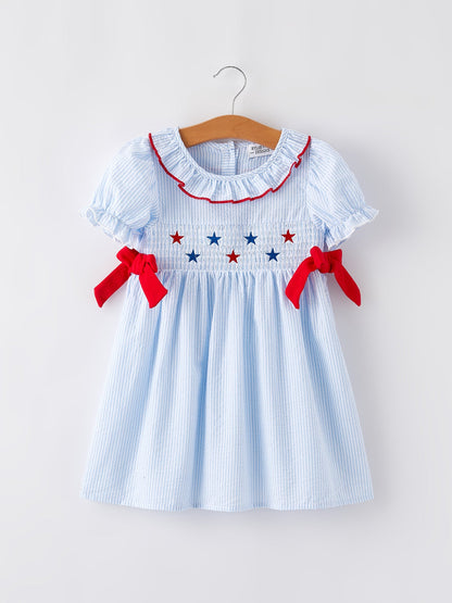 4th of july Girls' Smocking Star Embroidered Dress