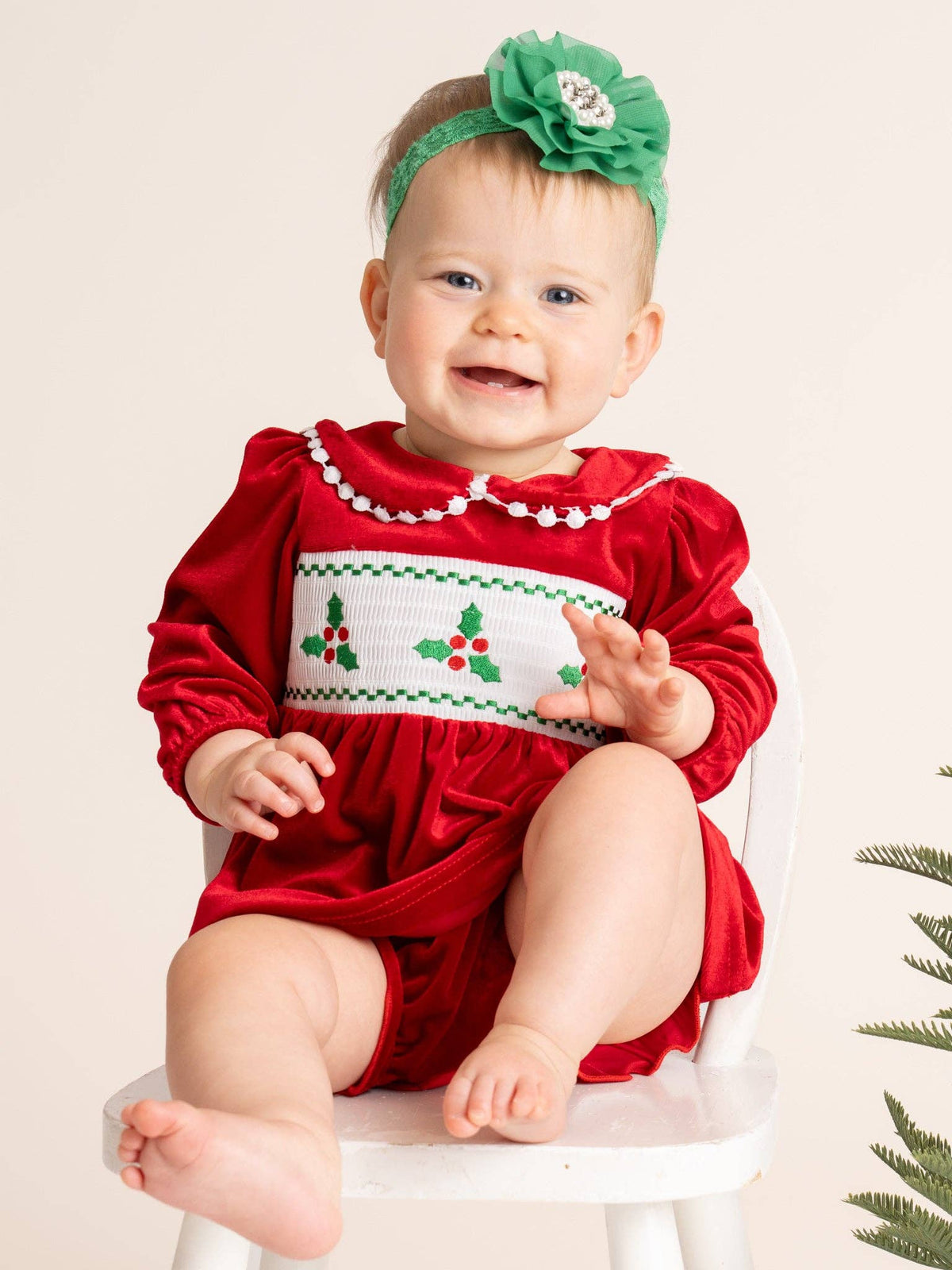 Red Smocked Holly Velvet Bloomers Outfit