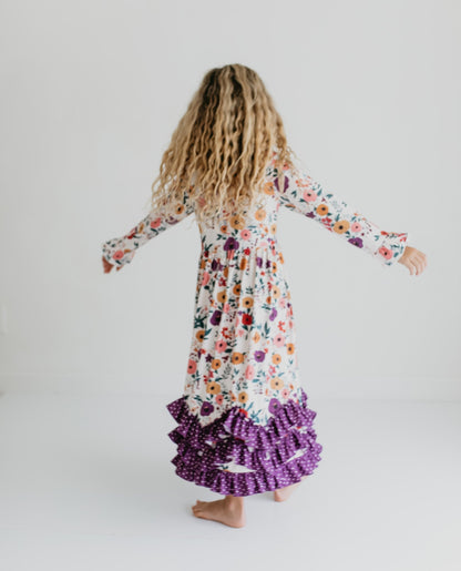 3 Ruffle Deep Purple Floral Dress