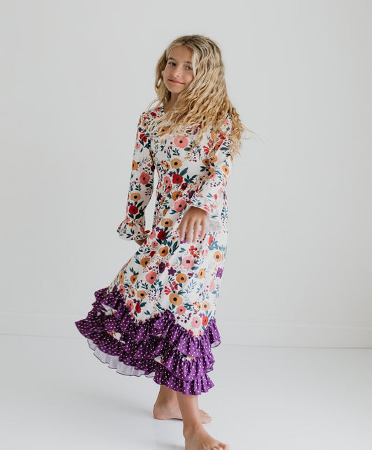 3 Ruffle Deep Purple Floral Dress