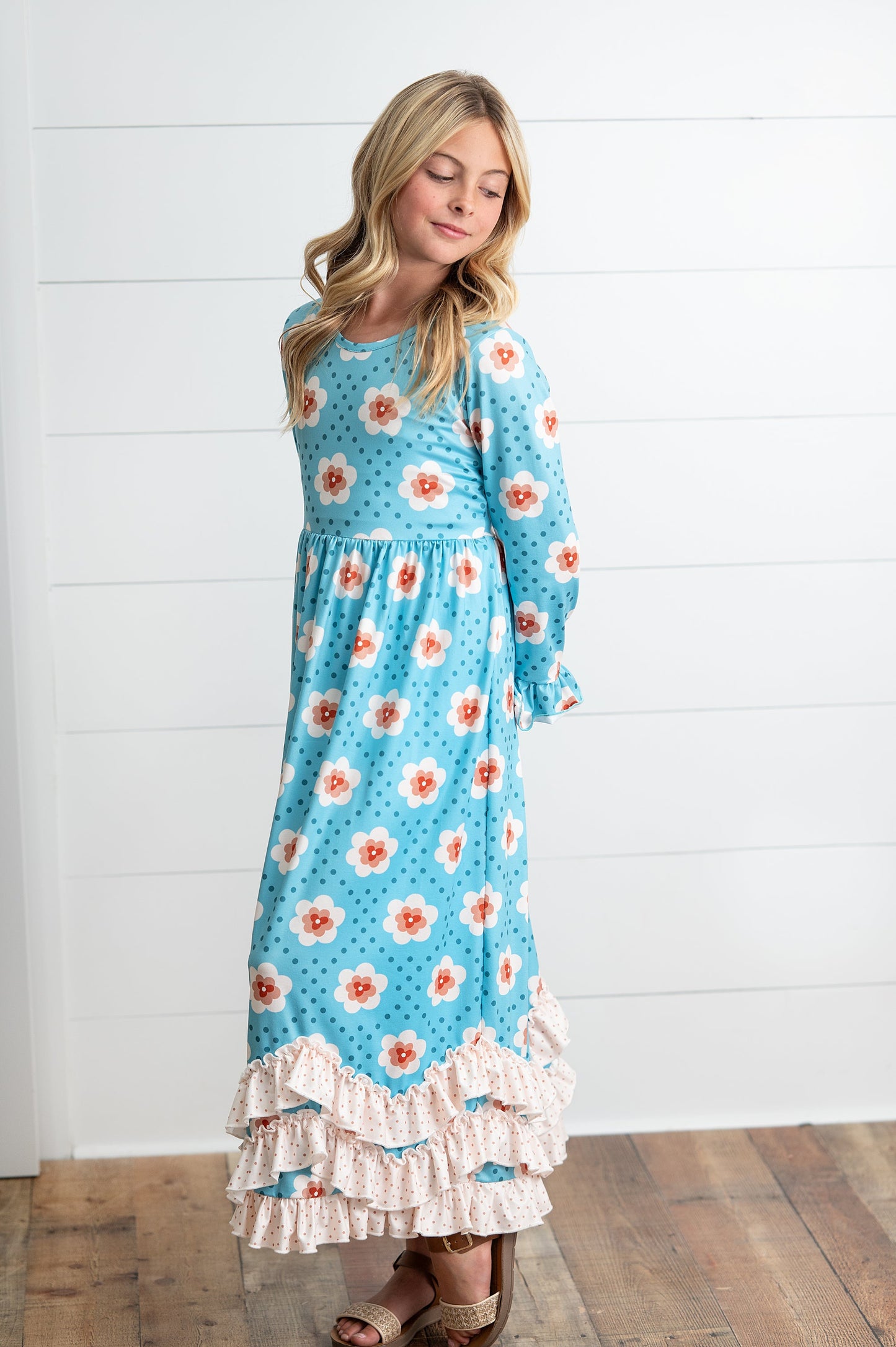 3 Ruffle Teal Floral Dress