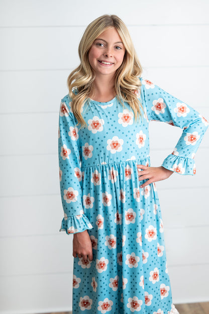 3 Ruffle Teal Floral Dress