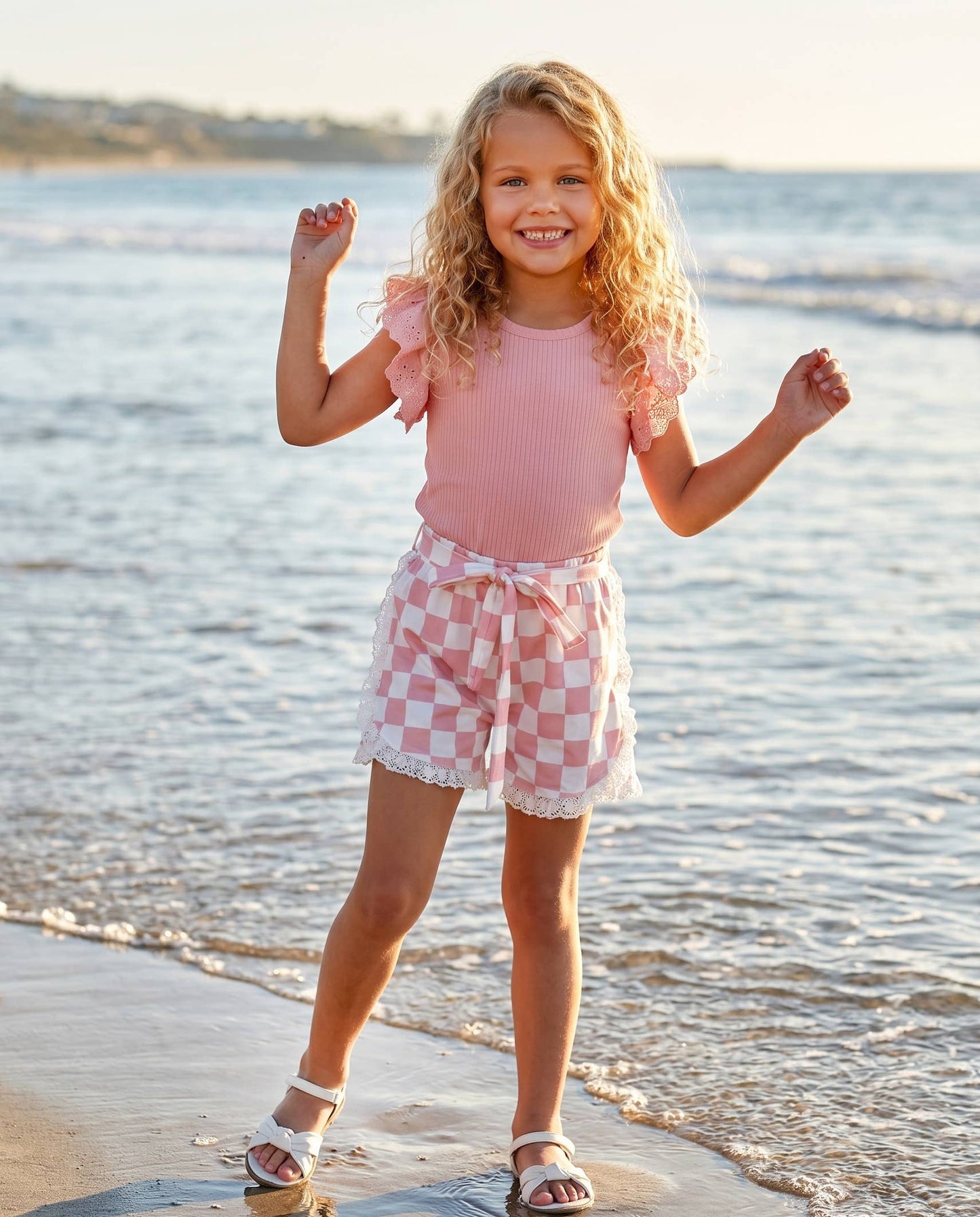 Girls Pink Checkered Lace Ruffle Summer Short Set