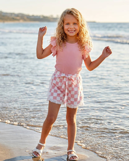 Girls Pink Checkered Lace Ruffle Summer Short Set