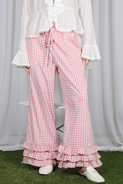 Gingham Layered Ruffle Hem Cropped Pants