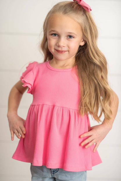 Kids Bright Pink Double Ruffle Flutter Sleeve Summer Shirt
