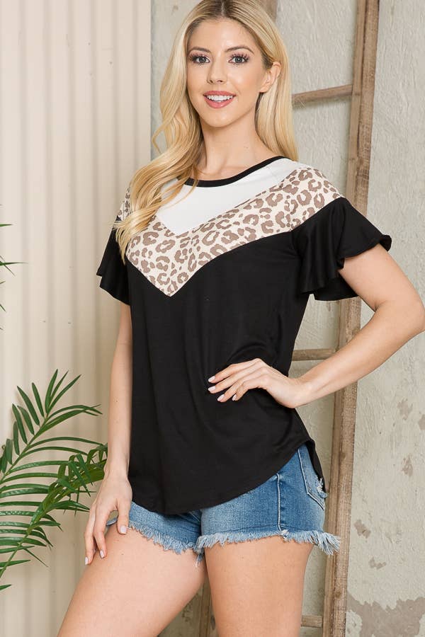Multi Fabric Contrast Ruffle Slv Top-