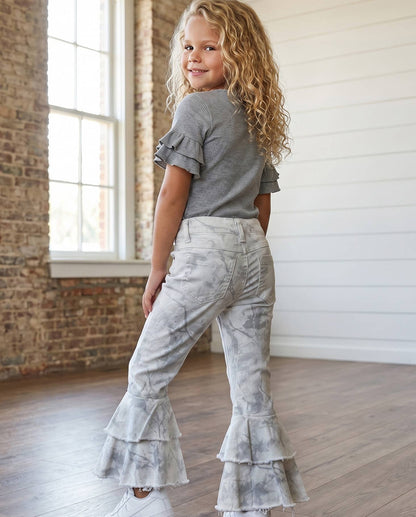 Kids Winter White Camo Denim Double Ruffle Jeans Pants