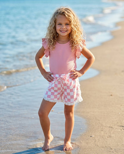 Girls Pink Checkered Lace Ruffle Summer Short Set