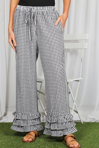 Gingham Layered Ruffle Hem Cropped Pants