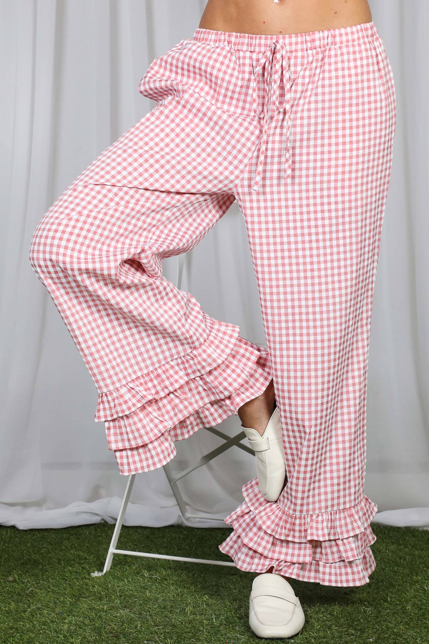 Gingham Layered Ruffle Hem Cropped Pants