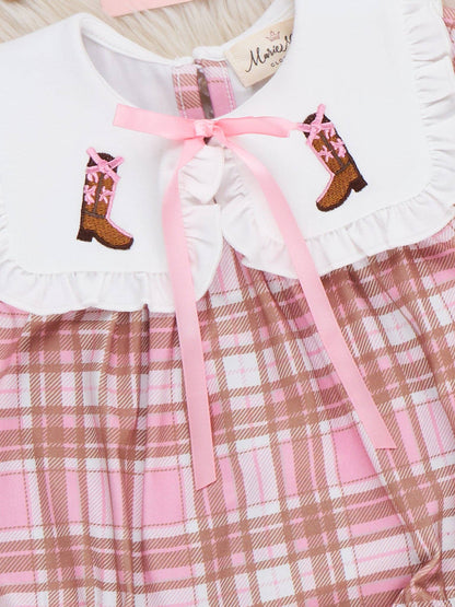 Cowgirl Cutie Boots Embroidered Plaid Romper