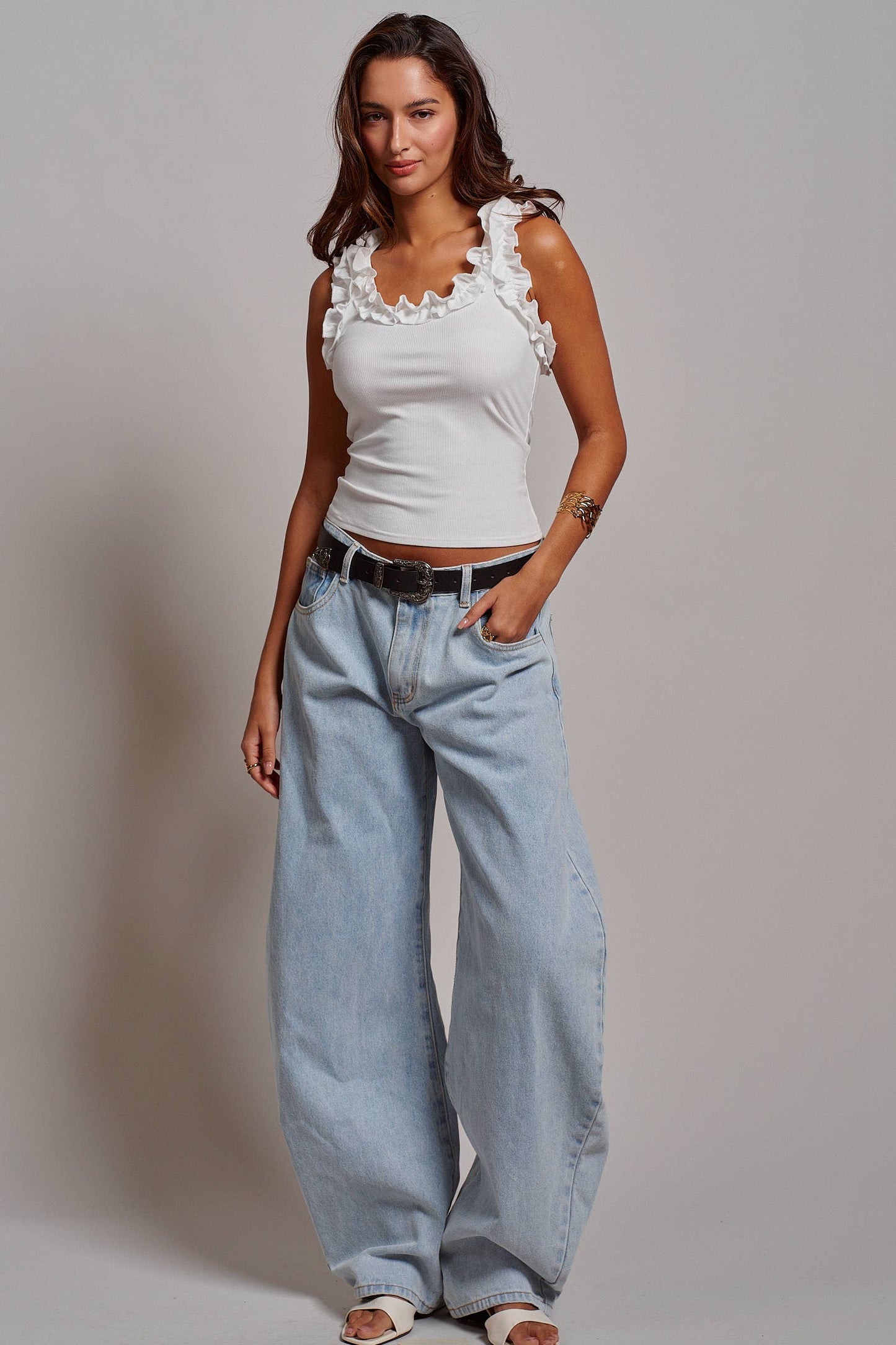 Ruffle Trim Ribbed Rayon Racerback Tank Top