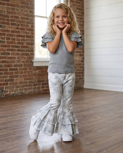 Kids Winter White Camo Denim Double Ruffle Jeans Pants