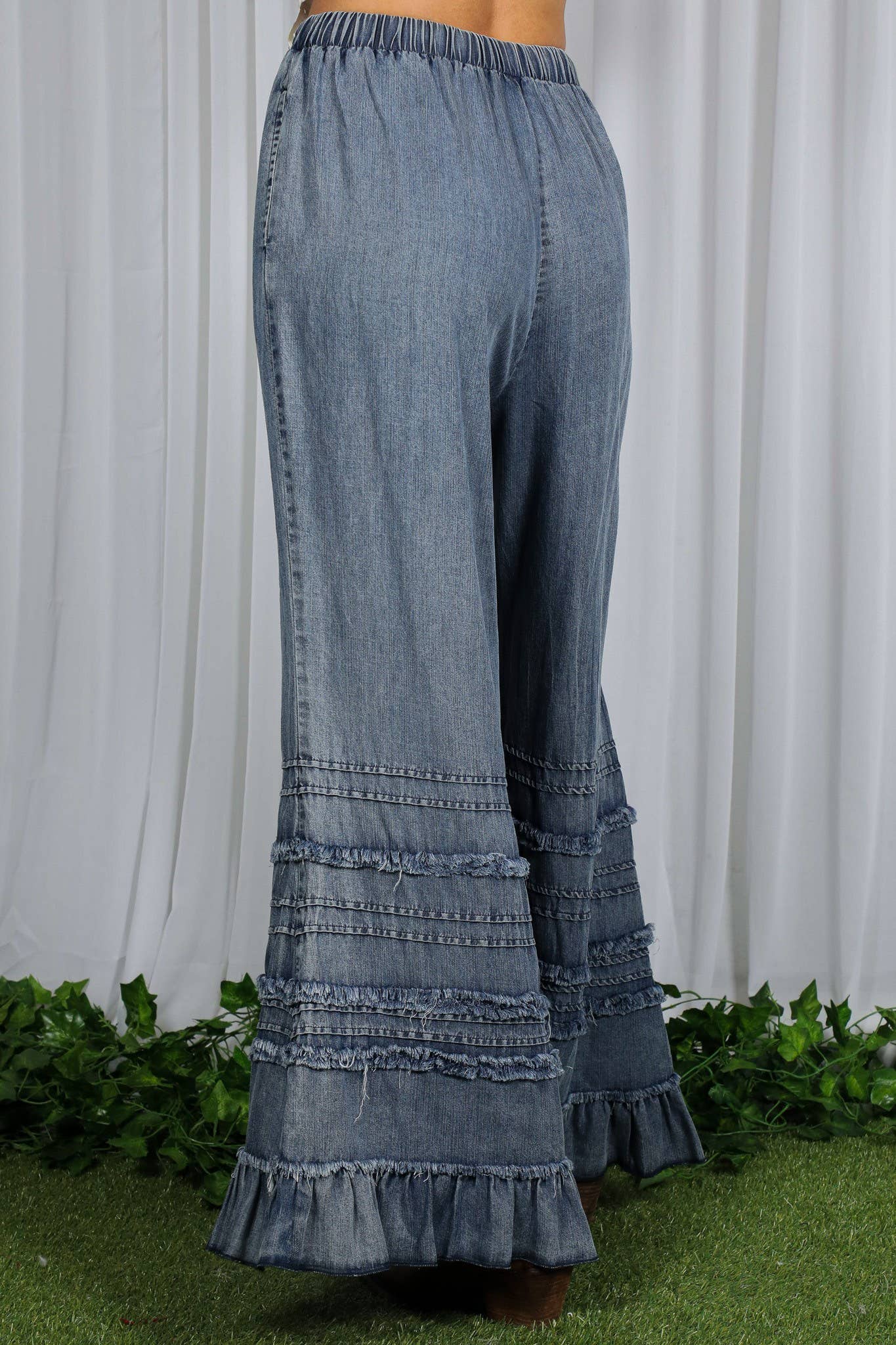 Flared Ruffle Hem Washed Chambray Crop Denim Pants