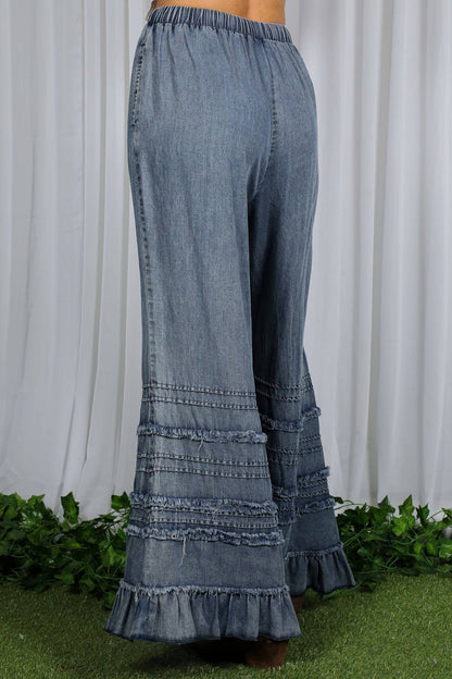 Flared Ruffle Hem Washed Chambray Crop Denim Pants